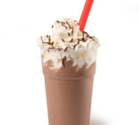 Italian Frappe, Isolated on White Background – Gianduia Gelato with Chocolate Topping and Red Straw, Ice Cold Transparent Wet Plastic Cup, Droplets  – Close-Up Macro, High Resolution